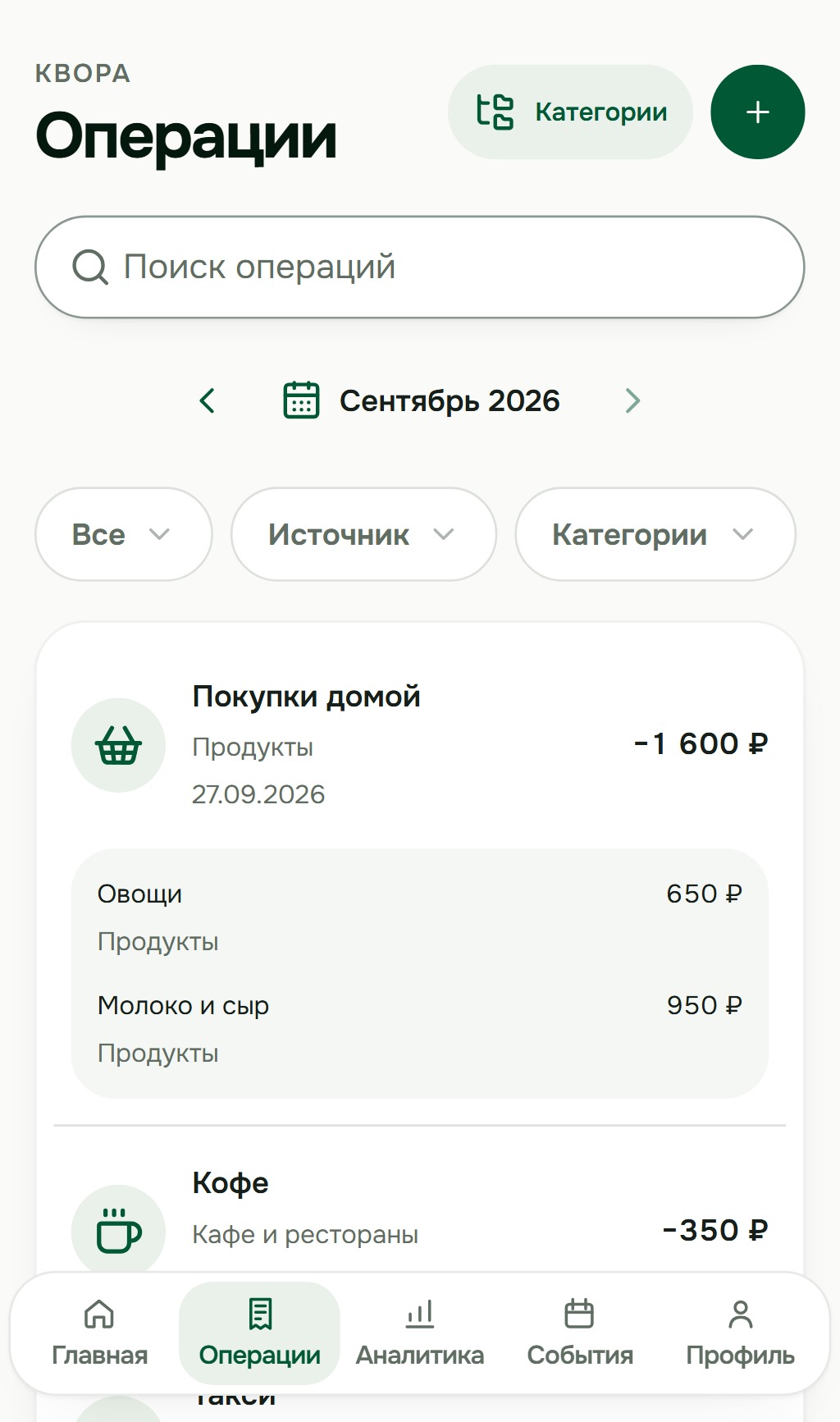Операции Кворы: покупки домой с позициями и кофе. Демонстрационные данные.